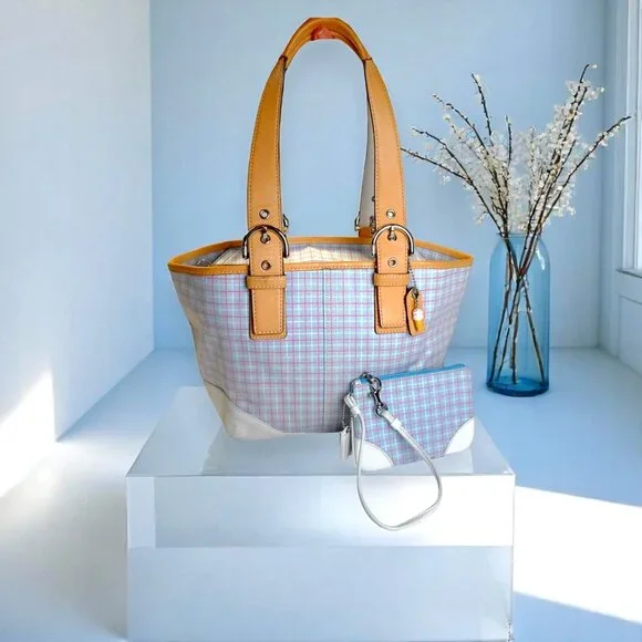 Vintage COACH Soho pastel blue plaid tote with vachetta leather & wristlet - Picture 1 of 15